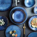 ANTOWALLNordic Klin Glaze Blue Color ceramic tableware home flat plate deep steak dish breakfast dinner plate big bow