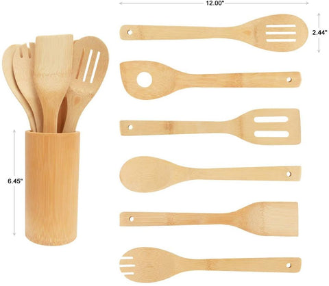 6-Piece Bamboo Kitchen Utensil Set Wooden Cooking Tools Spatula Spoon Nonstick Cookware Mixing Forked and Slotted Spoons