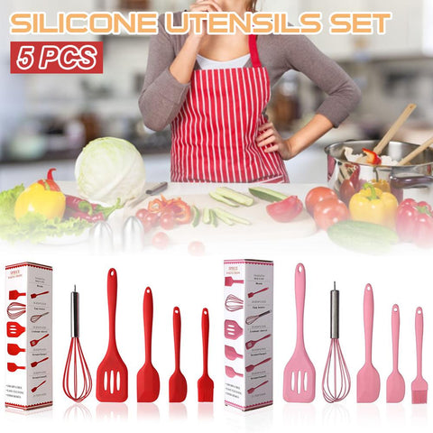 5Pcs Silicone Steel Utensils Set Heat-Resistant Kitchen Cookware Non-Slip with Spatula/Oil Brush/Whisk Cutlery Set Hot Sale