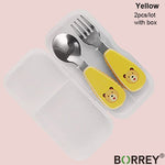 BORREY Stainless Steel Cutlery Kids Cutipol Cutlery Set Portable Student Cutlery Plastic Handle Cartoon Divided Tableware Child